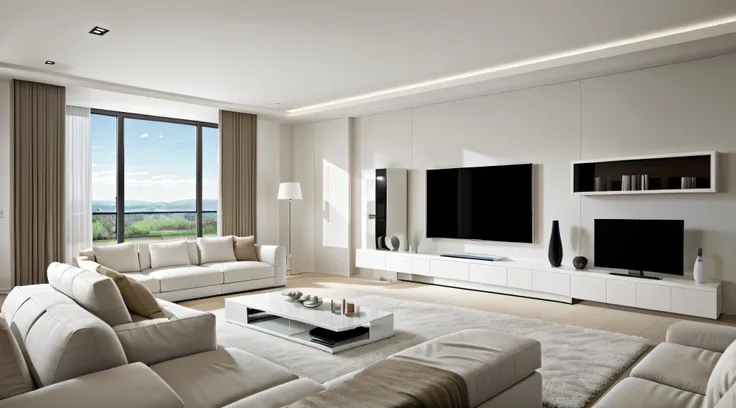 White sofa and tv unit in spacious room. Luxury home interior design of modern living room, panorama