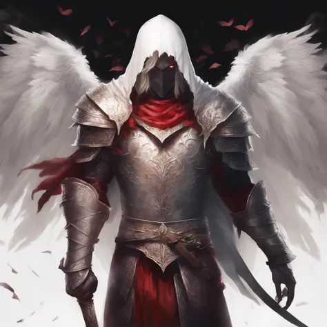 (portraite of a), ((beste-Qualit, hight resolution, ultradetailed), bright colours, 1 male, grown up, tall muscular guy, wide shoulders, Fantasy, dnd, Aasimar, person, the angel of death, with white wings, White Smooth Face Mask, ((face mask)), Mask on the...