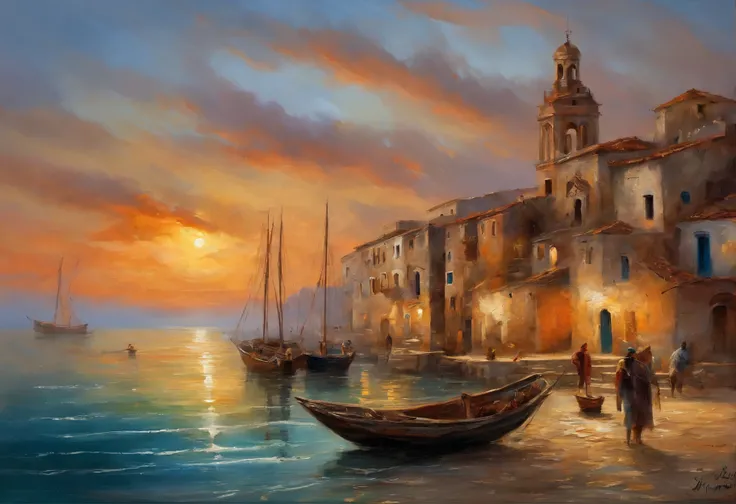 beautiful,detailed spanish man,fisherman,year 1500,old Spanish port,seaside village,traditional fishing boat,ancient architecture,coastline,calm sea,setting sun,swirling clouds,historical atmosphere,vivid colors,baroque style,key light shining on the mans ...