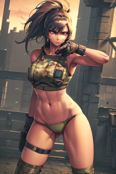 Best quality, masterpiece, sport bra and panty, serious, dominant, seductive, sexy, military, desert. Cammo, Tactical. Armor, bulletproof vest.