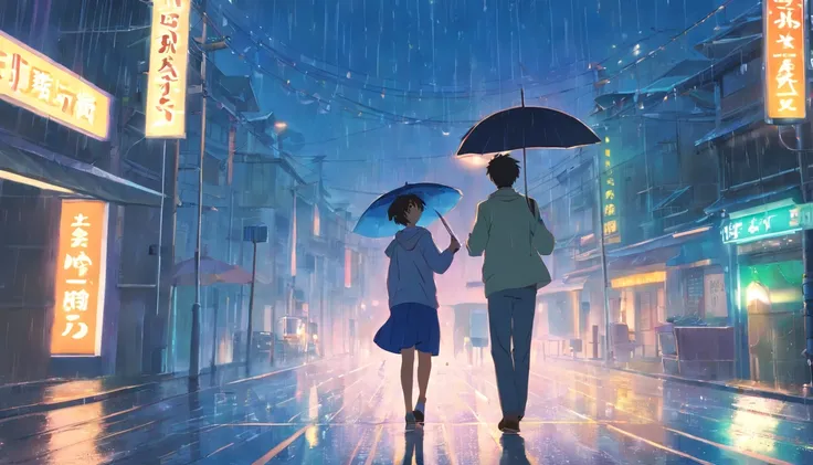 Happy man and woman, raining, man holding the umbrella, road, dark