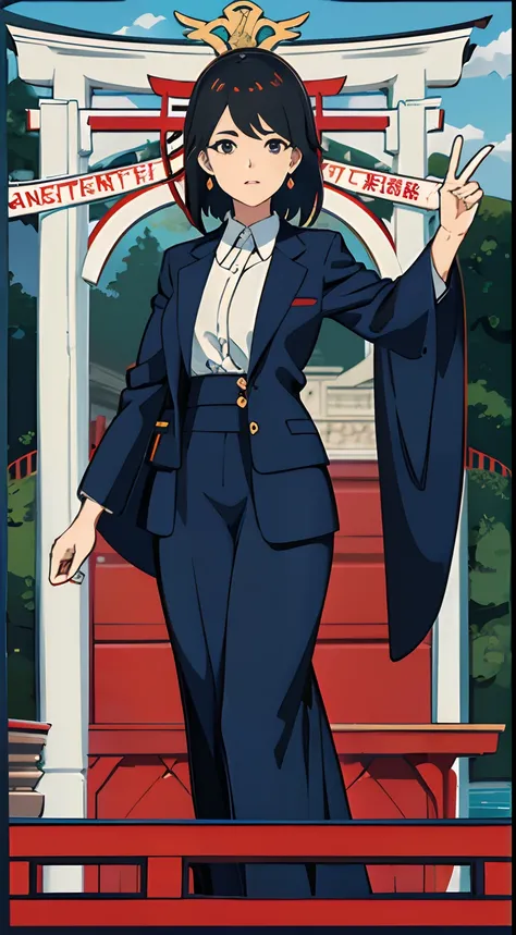 Mature woman, half Asian, half European, wearing office suit, secretary, standing near European lake, one single torii gate in background, tarot card, f/1.8, bookeh