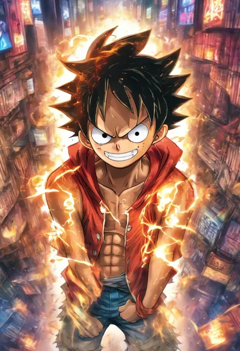 Monkey D Luffy in anime in the middle with his back turned against the viewer he has expressions and poses of confusion and despair he is being surrounded by many invisible screens he is wearing a hoodie it’s a cyberpunk environment the background is white...