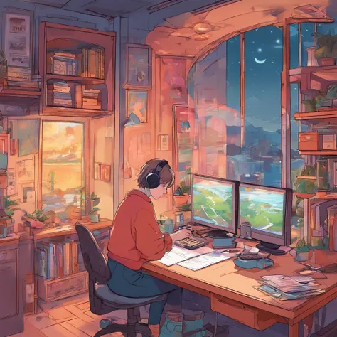 (lofi), (1boy), femboy studying hard at desk, sitting, profile, wearing a cropped black sweater, high waisted blue jeans, very big butt, slim waist, hourglass figure, blondish brown short hair, Put on the headphones, Night light, Neon landscape of rainy da...