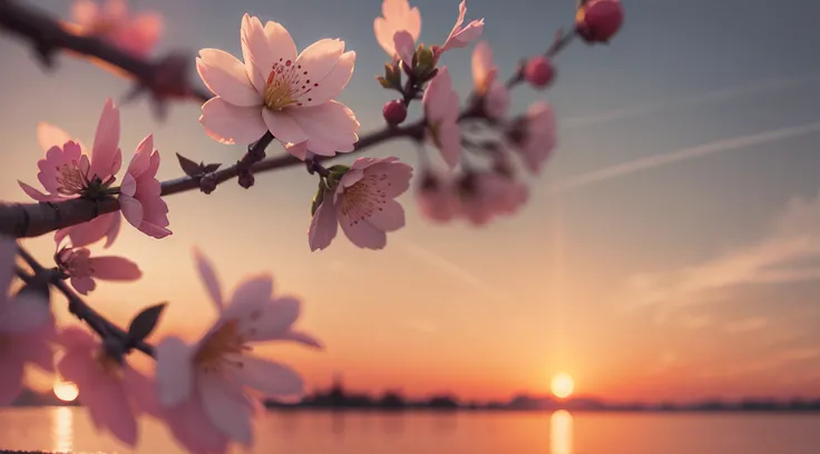 Creates a high-resolution image of a cherry blossom on a beautiful sunset afternoon, close up, ultra detailed, 8K, Sunshine Lights