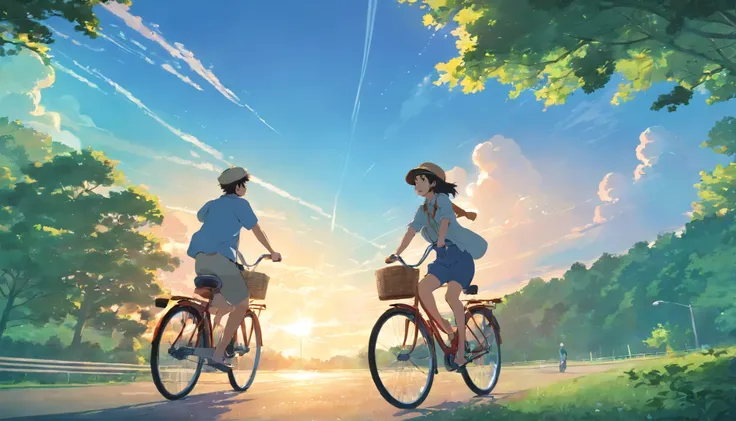 Happy man and woman, riding a bike, trees around, wearing hat, cloudy skies