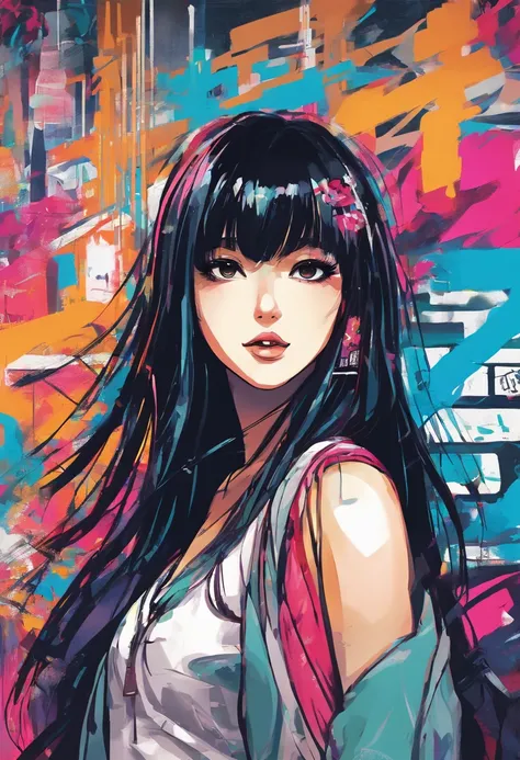 Oil Style、digitalart、1990s anime style、Black hair Long hair　Straight、Japan beautiful girl、18year old、Blunt bangs