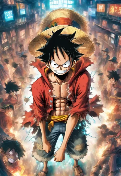 Monkey D Luffy in anime in the middle with his back turned against the viewer he has expressions and poses of confusion and despair he is being surrounded by many invisible screens he is wearing a hoodie it’s a cyberpunk environment the background is white...