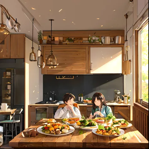 A couple eating good food, happy, kitchen, big windows, sunlight