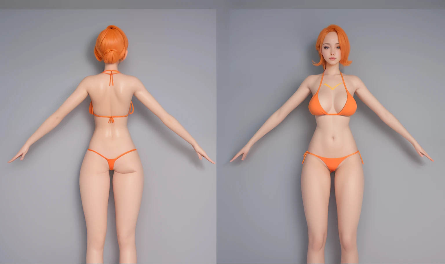 (Masterpiece, best quality: 1.2), (Super detailed), (Illustration), detailed face, a close up of a woman in a orange bikini, oppai proportions, whole body highly detailed, complete detailed body, realistically proportioned body, anime proportions, extra de...