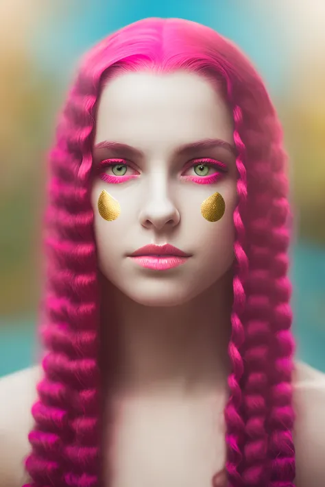 Girl with long curly pink hair and a pink moon on her forehead and gold eyes