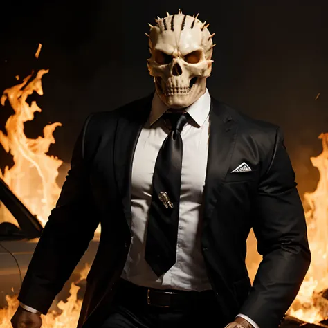 Ghost rider , muscled with huge pecs , hugge torso , huge arms , with a skull head like  with fire , in suit with a tie ans spikes