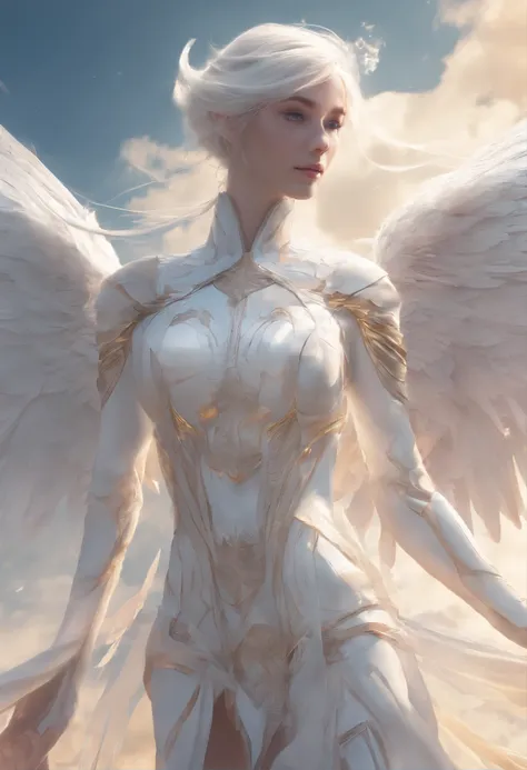 Its flying lightly, Holy,White elves, long ear,White wings on the back,shining brightly, The whole body is in the frame, Against the background of colored sky, RAW photo, Hyper-realistic, Long-range, product-view, ArtStation Trends,Super high quality, Digi...