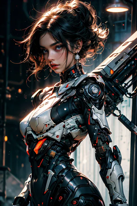 cgmech, beautiful eyes, upper body, underboob, portrait, robot,white orange armor, shimmering black hair, neon light, 8k, raw, b...