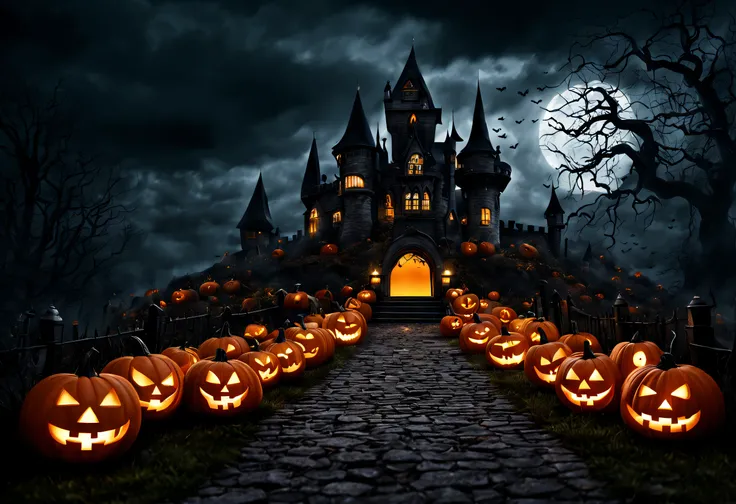 (best quality, 4k, 8k, high resolution, masterpiece: 1.2), ultra detailed, (realistic, photorealistic, photorealistic: 1.37),A photo of a spooky Halloween scene with a castle and pumpkins. The castle is in the background and is dark and sinister. The path ...