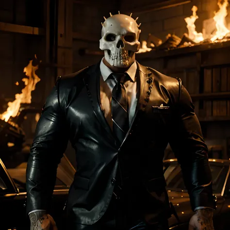 Ghost rider , muscled with huge pecs , hugge torso , huge arms , with a skull head like  with fire , in suit with a tie ans spikes