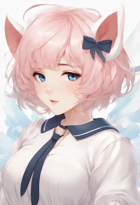 skistyle, 1girl in, Solo, Pink hair, Animal ears, Blue eyes, Wings, Looking at Viewer, Mole, Bangs, Short hair, Bow, Sailor collar, Simple background, white sailor collar, mole under mouth, Hair Bow, pink bows, Closed mouth, Shirt, White shirt, Bear ears, ...