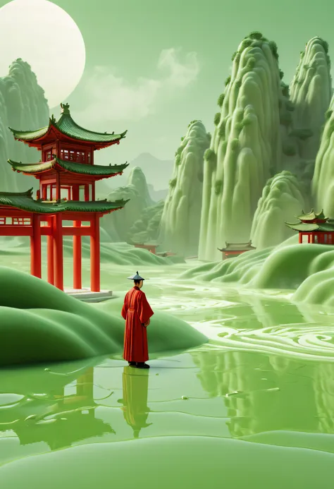 A man in Hanfu stands next to a red man-made structure in flowing landscapestyle, Song Dynasty Gongbi landscape painting, rendered in cinema4d, organicflowing form, lunar surface, light green and white, Mediterranean landscape.wavy resin sheet