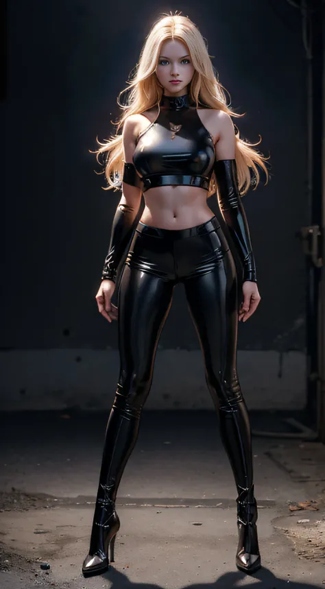 full - body shot beautiful 25 - year - old photo model posing in black tight latex pants short tight top long blond hair, blue eyes, white skin reverse detailed skin texture turns head to side in superhero pose full body visible, background bluish hazy smo...