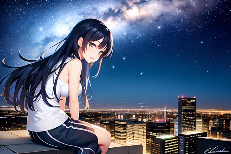 octane, sky, Star (sky), scenery, Starry sky, Night, 1girll, Night sky, Solo, Outdoors, signatures, Building, Cloud, Milky Way, Sitting, tree, Long hair, City, Silhouette, Cityscape