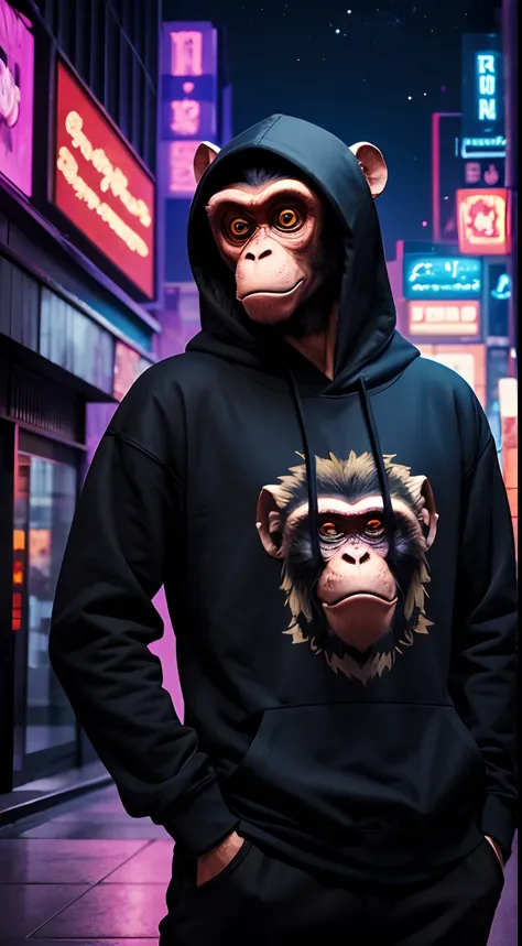 monkey mask creature, hoodies, half body, breaking dance pose, cyber city, night, masterpiece, ultra high quality, abstract background