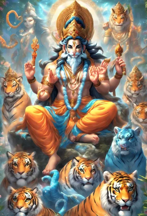 (((Hindu God))) best quality, ultra-high resolution, 4K detailed CG, masterpiece, Shiva,snake on neck, blue, Indian,trident, four arms, Hindu mythology, sitting on tiger skin rug, ((sitting tiger rug) ) Hindu image, aesthetic, beautiful, centered on the sc...