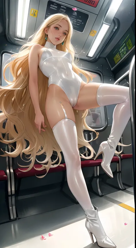 ((prepubescent)), Beautiful girl, freckles on her face, Light green eyes, Large earrings, high heels boots, full bodyesbian, Shot from below, Very light skin , Very long hair, Wavy hair , Blonde hair, Busy subway cars, Photorealistic, Indirect lighting, vo...