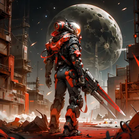 On the moon, Red is the main color, holding_weapon, no_humans, lowing_eyes, robot, Milky Way Galaxy background,neon,cyberpunk, 
best quality, masterpiece, absurdres, monochrome, game cg,