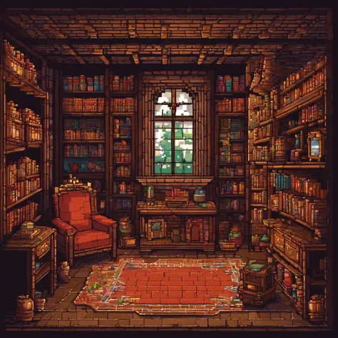 A old medieval room with lots of decoration, pictures and books and an open window for a night view in a starry sky with no character in the room