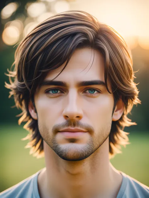 A realistic, insanely handsome happy bohemian man, short windy hair, full length, highly detailed face, nature background at sunrise, detailed body, highly detailed, soft colors, porcelain skin, elegant, golden ratio, light brown hair, short windy hair, ex...