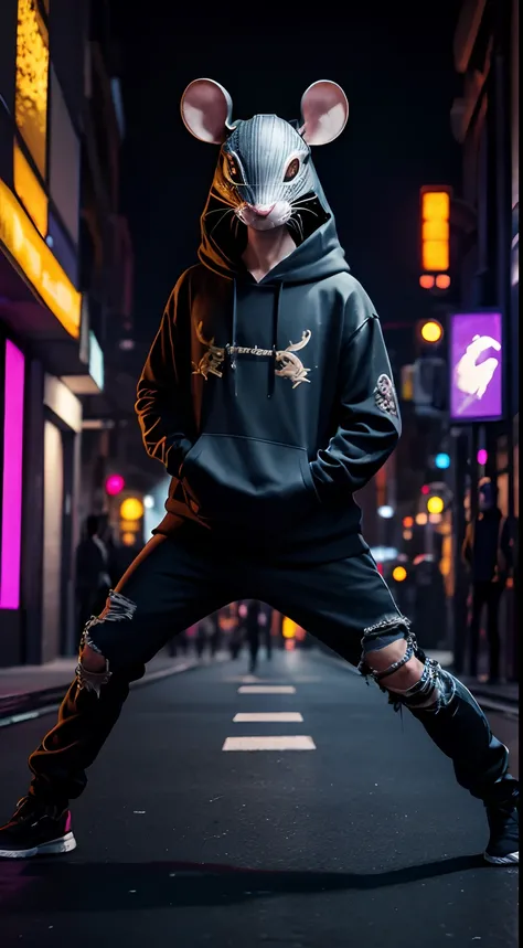 rat mask creature, hoodies, half body, breaking dance pose, cyber city, night, masterpiece, ultra high quality, abstract background