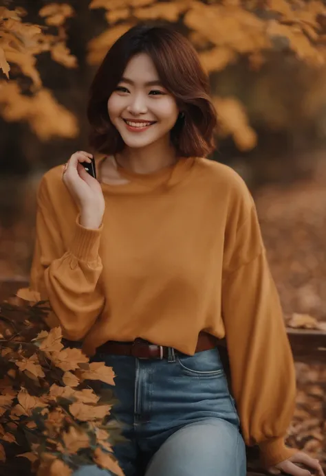 japanes　in her 20s　femele　Holding a smartphone　Bob Hair　Autumn clothes　a smile