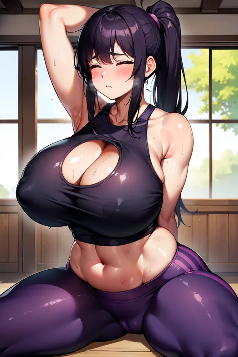 gym, workout, hot, sweating, sweaty, tan, big boobs, tan skin, flustered, blush, purple clothes, see thru, yoga pants, black hair, soaked, wet, naked boobs, cleavage, in pain, painfull, eyes closed, in pain, curvy, purple yogapants, purple pants, ponytail,...