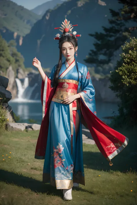 Ancient Chinese Beauty Paintings, The head is high in a bun with a blue phoenix headdress, Ancient Hanfu，Red coat, blue wristband, Long skirt dragged on the ground