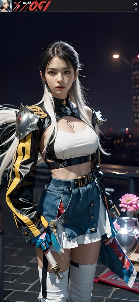 a close up of a person in a costume with a sword, as a character in tekken, female character, tifa lockhart with white hair, katana zero video game character, lunar themed attire, kda, slim body, cyborg - girl with silver hair, upper body avatar, (( medium...