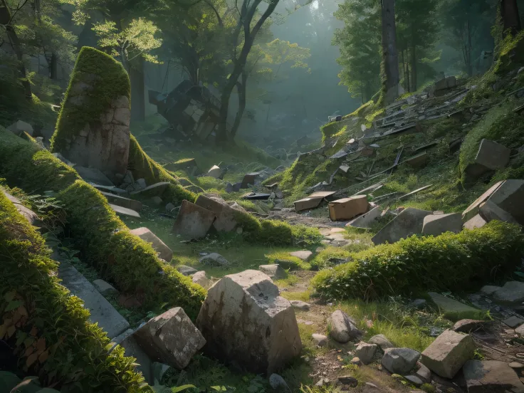 "(Ultra-detailed CG unity 8k wallpaper, Masterpiece, Best quality, Depth of field, hdr, Intricate), (by Greg Rutkowski: 1.2), Forest of the Wind, Earthquake Forest Medieval fantasy forest, An atmosphere of despair, Dynamic angles, Earthquake forest, The te...