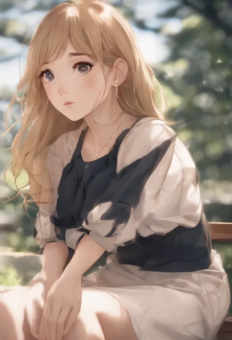 Anime girl with long blonde hair and blue eyes sitting on bench, a beautiful anime portrait, detailed portrait of an anime girl, Digital anime illustration, Anime style portrait, Detailed digital anime art, Kawaii realistic portrait, beautiful anime art st...