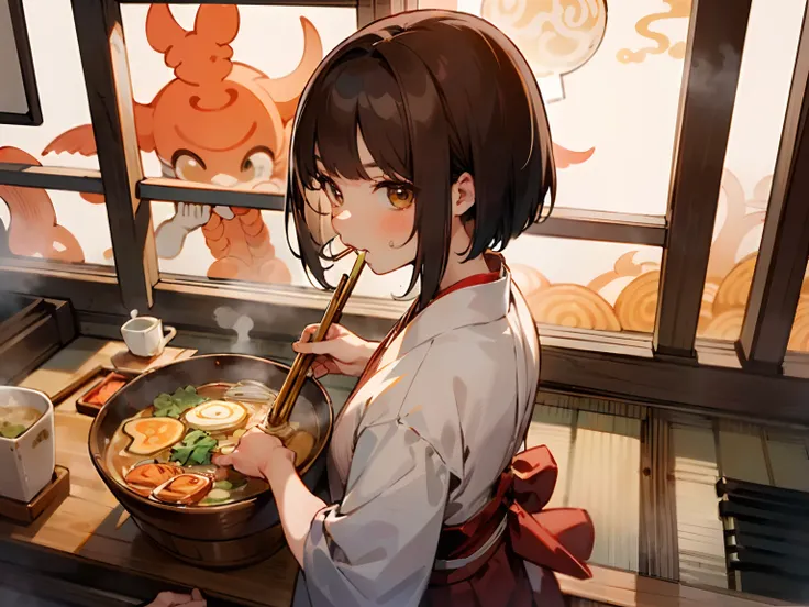 (masterpiece, best quality), 1girl, (eating ramen using chopsticks:1.34), (use chopsticks to pick up the ramen noodles and bring them to her mouth:1.21),  (slurp ramen with a pout:1.34), (chopsticks are shaped pairs of equal-length sticks:1.46), (hot steam...