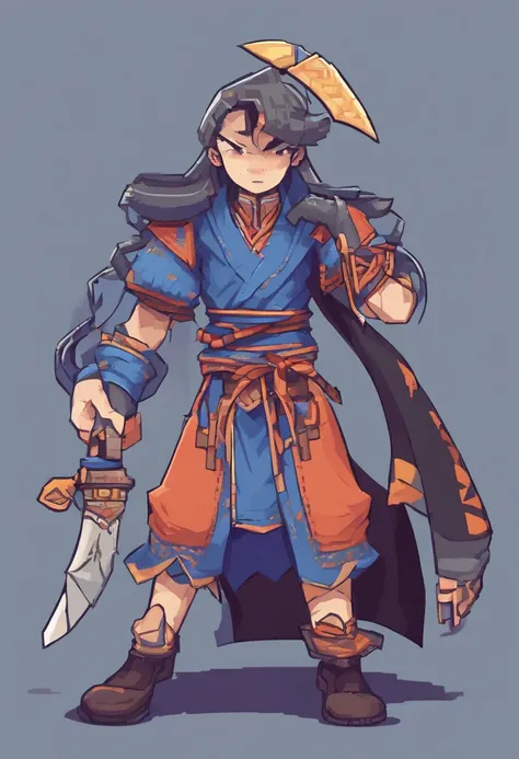 （tmasterpiece，top-quality，best qualityer），pix，pixelart，teens girl，full bodyesbian，Wear a blue hoodie，Wear blue trousers，Gray hair，Tied ponytail，swordsman，A Tang knife was tied around his waist，Hold the handle of the knife in your hand，It has a refined pixe...