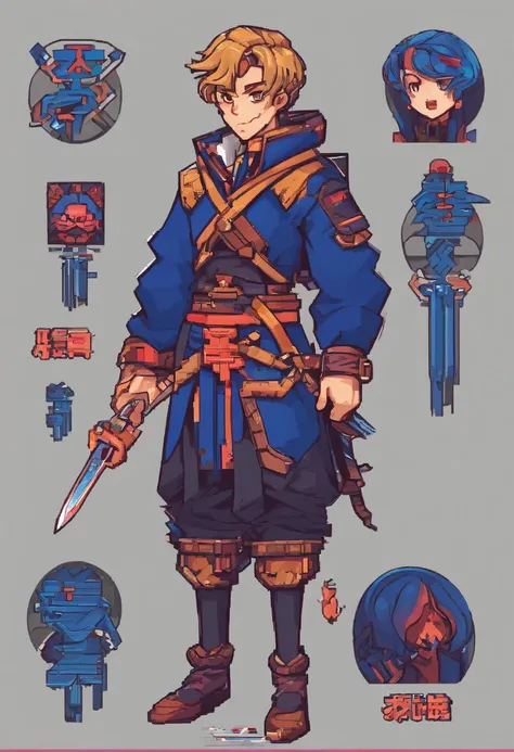 （tmasterpiece，top-quality，best qualityer），pix，pixelart，teens girl，full bodyesbian，Wear a blue hoodie，Wear blue trousers，Gray hair，Tied ponytail，swordsman，A Tang knife was tied around his waist，Hold the handle of the knife in your hand，It has a refined pixe...