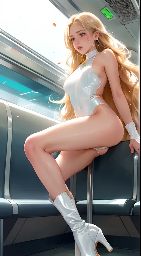 ((prepubescent)), Beautiful girl, freckles on her face, Light green eyes, Large earrings, high heels boots, full bodyesbian, Shot from below, Very light skin , Very long hair, Wavy hair , Blonde hair, Busy subway cars, Photorealistic, Indirect lighting, vo...