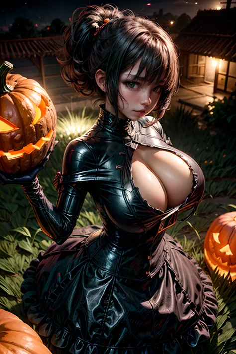 Woman knight, Fighting Jack-o-lantern, Field at night, cleavage, giga_busty