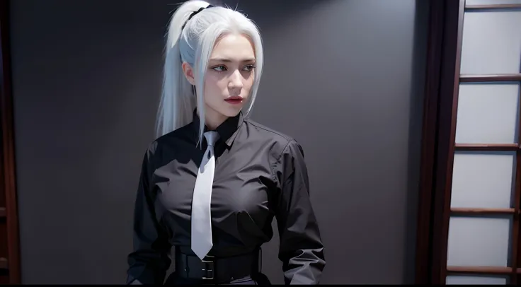 meimei2, 1woman, ponytail, black shirt, necktie, high-waist skirt, buttons, long skirt, extremely beautiful face, realistic, detailed face, sharp eyes, narrow eyes, ((solo)), white hair, ((upper body))