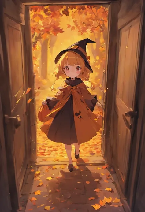 A little girl dressed as a witch，A pumpkin，A Halloween imp，Poked his head out of the doorway，Lovely，The doorway is dotted with golden leaves and greenery，in a halloween style，illustratio