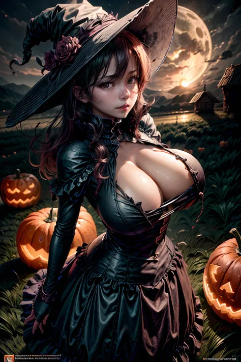 witch, Fighting Jack-o-lantern, Field at night, cleavage, giga_busty