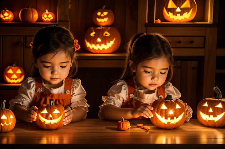 (best quality, 4k, 8k, high resolution, masterpiece: 1.2), ultra detailed, (realistic, photorealistic, photorealistic: 1.37),A beautiful little girl is creating a Jack-o-lantern in the kitchen of her wooden house.Professional interior lighting