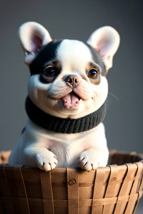 Dog, black, Chubby, French Bulldog, no_humans, Depth of Field, Disney Style, DARK_Glam, Dressed DRK_Glam, Deep Shadow, (Dark: 1.4), (8k, RAW Photo, Best Quality, Masterpiece: 1.2), Happy Expression, inside the a fruit basket