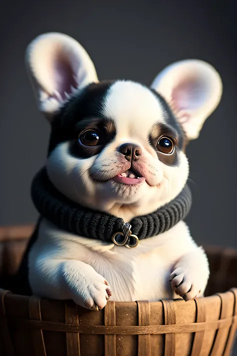 Dog, black, Chubby, French Bulldog, no_humans, Depth of Field, Disney Style, DARK_Glam, Dressed DRK_Glam, Deep Shadow, (Dark: 1.4), (8k, RAW Photo, Best Quality, Masterpiece: 1.2), Happy Expression, inside the a fruit basket