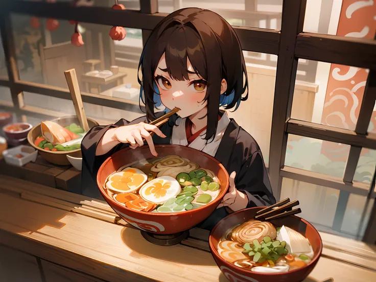 (masterpiece, best quality), 1girl, (eat ramen noodles with chopsticks:1.34), (use chopsticks to pick up the ramen noodles and bring them to her mouth:1.21),  (slurp ramen with a pout:1.34), (chopsticks are shaped pairs of equal-length sticks:1.46), (hot s...