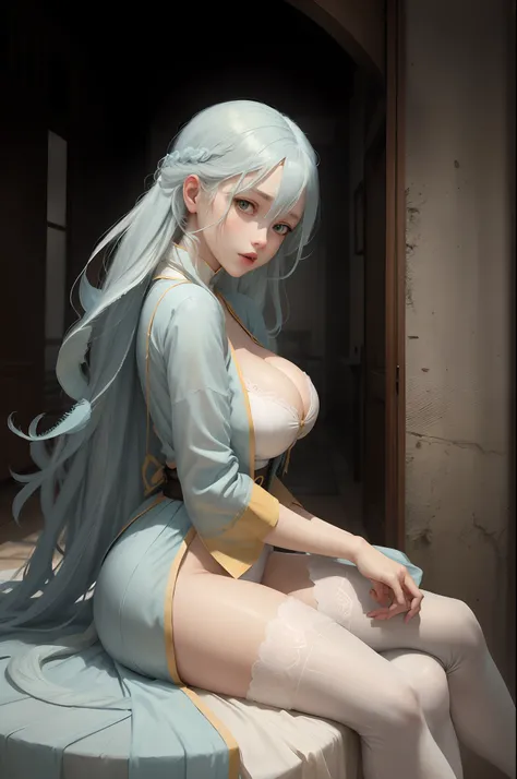 Long hair light blue hair yellow eyes massive breasts exposed cleavage rimuru hot white lingerie adult sitting